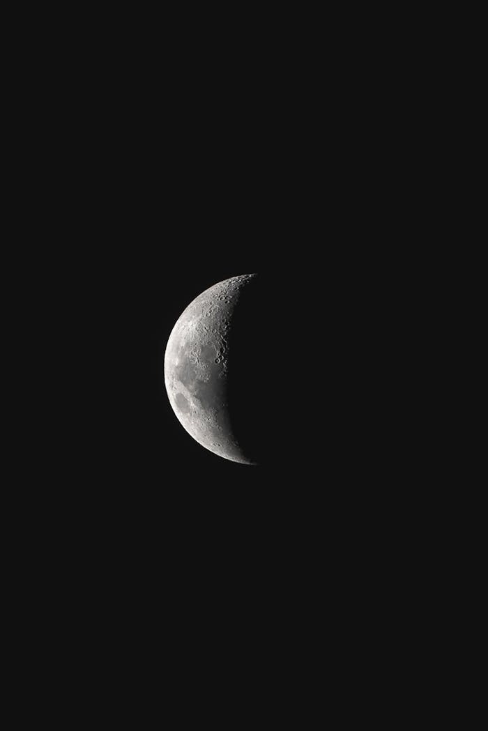 A detailed view of the crescent moon set against a dark night sky, showcasing lunar texture.
